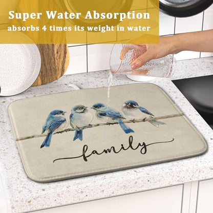 Home Blue Bird Family Dish Drying Mat for Kitchen Counter,Spring Summer Drying Mat 16 x 18 Inch with Absorbent Reversible Microfiber Drying Pad for Coffee Bar - size: 16" x 18"