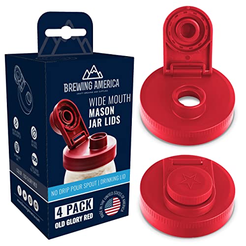 Mason Jar Lids Wide Mouth Plastic 4 pack-USA Made-Flip Cap Screw Top Pour Spout Drink Hole - Leak-proof for Kerr and Ball Canning Jars - Airtight for Drinks to Go and Controlled Pouring - Red - color: Old Glory Red