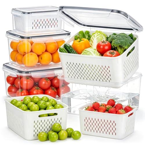 HOMETALL 4 Pack Fruit Storage Containers for Fridge Set, Produce Containers for Fridge with Strainer, Plastic Reusable Fridge Organizers and Storage for Berry Salad Lettuce, Size 3.4, 1.8, 0.9, 0.4QT - size: 4PCS