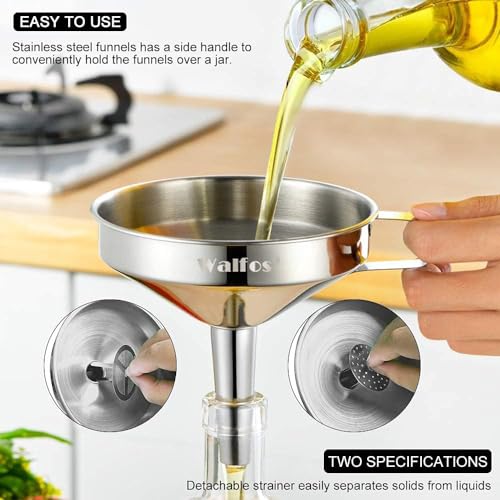 Walfos Extra Large Stainless Steel Funnel with Venting Slot, Kitchen Funnel with 2 Removable Strainer ＆ 1Pc Cleaning Brush, Perfect for Transferring Liquid, Oils, Jam, Dry Ingredients (Jumbo, 7.9") - color: 7.9in Jumbo Funnel