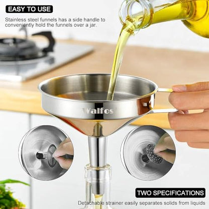 Stainless Steel Funnel, Walfos 4 Pack(4in、3 in、2.2 in、1.7in Kitchen Funnel with 2 Removable Strainer ＆ 1Pcs Cleaning Brush, Perfect for Transferring of Liquid, Oils, Jam, Dry Ingredients & Powder - color: 4pcs 10.4cm+7.5cm+5.5cm+4.5cm