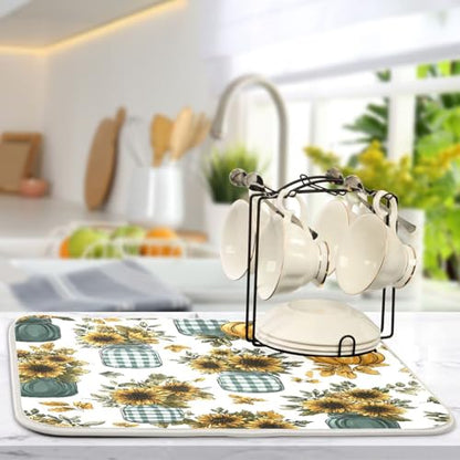 Autumn Sunflower Mason Jar Art Dish Drying Mat Super Absorbent Drying Mat Large Dish Drying Mats for Kitchen Counter Easy Clean Dish Mat Kitchen Drying Mats 18 x 16 Inch - size: 16x18in