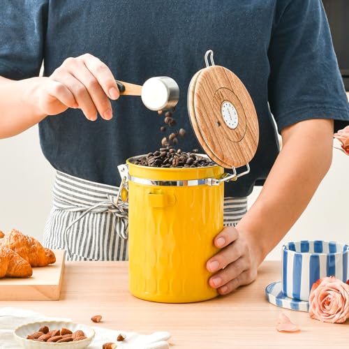TEDSWAIT Coffee Container with Sealed Cantilever Lid and Scoop, Airtight Stainless Steel Kitchen Food Storage Canister with Date Tracker, 1.8L(Yellow) - color: Yellow
