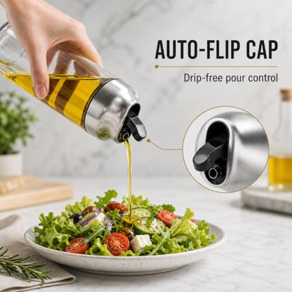Aelga Olive Oil Dispenser - 14 OZ Glass Oil and Vinegar Dispenser Bottles Set for Kitchen No Drip-Set of 2 - color: Silver, style: 14OZ Set of 2