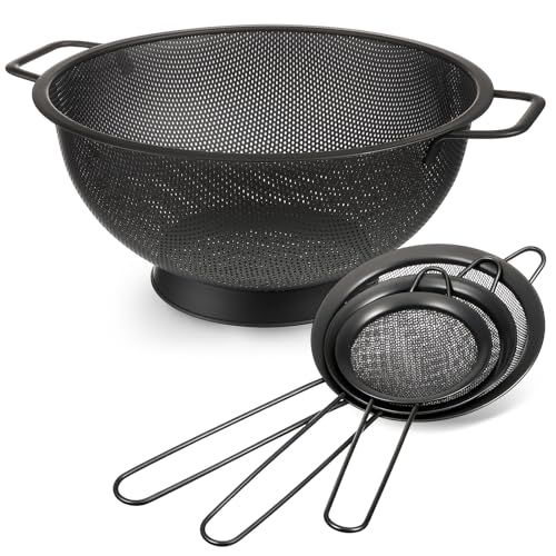 Norme 4 Quart Stainless Steel Black Colander and 3 Pcs Black Fine Mesh Strainer, Stainless Steel Pasta Rice Food Metal Strainer with Handles, Easy Clean and Dishwasher Safe - color: Black, size: 4 Quart