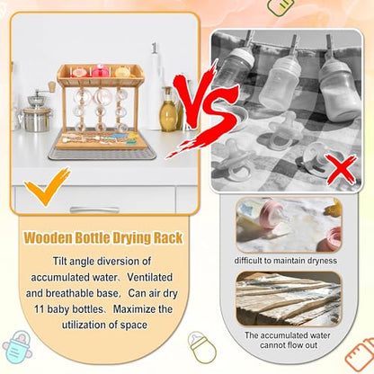 Windspeed Wooden Bottle Drying Rack for Baby Bottle Rack Dryer with Drain Pad, Space Saving for 11 Milk Glass Baby Feeder, Ideal Too for Busy Parents