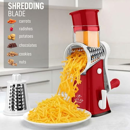Zulay Kitchen Rotary Cheese Grater 5 Blade Cheese Shredder - Manual Hand Crank Cheese Grater With Reinforced Suction & 5 Interchangeable Drums - Easy to Use, Vegetable Chopper Round Mandoline Slicer - color: White and Red