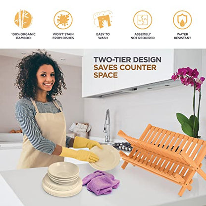 Bambüsi Collapsible Dish Drying Rack - 2 Tier Bamboo Dish Rack Dish Drainer for Kitchen Counter, Foldable Wooden Drying Rack for Plates Cups Bowls Utensils, No Assembly Folding Rack for Apartment, RV - style: Dish Rack