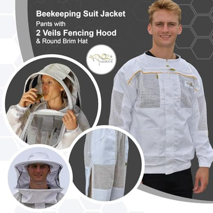 Beekeeping Suit Jacket, Pants/Trousers with 2 Veils Fencing Hood & Round Brim Hat, Ventilated 3 Layer Mesh Costume - size: 8X-Large