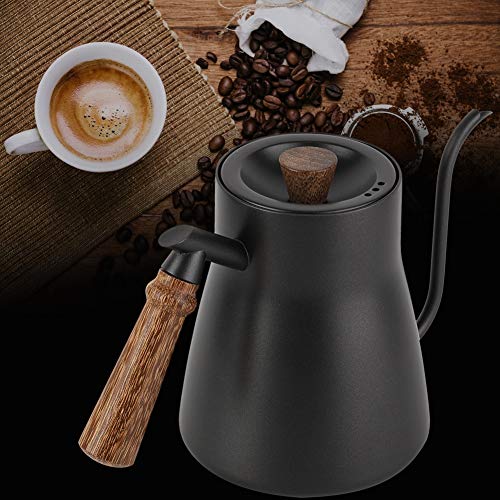 Fdit Coffee Kettle with Thermometer, 850ml Stainless Steel Drip Kettle, Wooden Handle, PTFE Coating, Black
