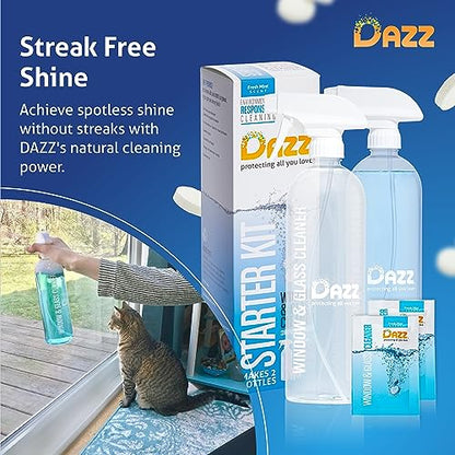 DAZZ Whole House Starter Kit (3 Reusable Spray Bottles, 6 Refills) Natural All Purpose Cleaner, Glass and Window Cleaner, and Bathroom Cleaner - Eco Friendly, Non Toxic