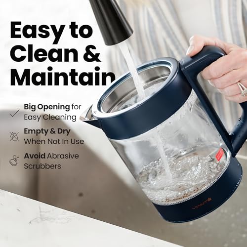 Viante Alba Electric Tea Kettle, Infuser, No Plastic, 1.5L, Midnight Blue | Borosilicate glass & 304 stainless steel construction. 4 temp presets, keep-warm, cordless, auto shut-off - style: Midnight Blue
