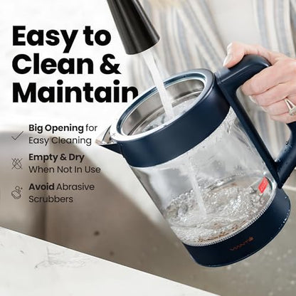 Viante Alba Electric Tea Kettle, Infuser, No Plastic, 1.5L, Midnight Blue | Borosilicate glass & 304 stainless steel construction. 4 temp presets, keep-warm, cordless, auto shut-off - style: Midnight Blue