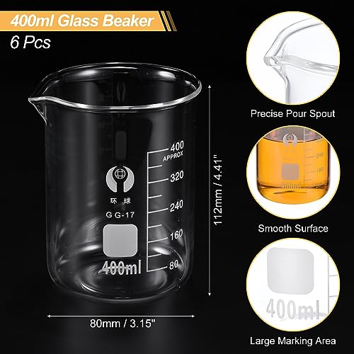 PATIKIL 400ml Low Form Glass Beaker, 6 Pack 3.3 Borosilicate Glass Graduated Printed Scale Measuring Cups with Spout for Kitchen Lab Liquids - size: 400ml