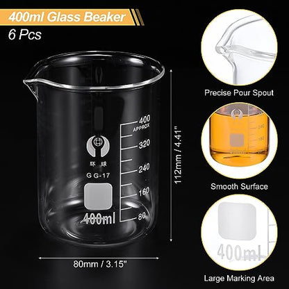 PATIKIL 400ml Low Form Glass Beaker, 6 Pack 3.3 Borosilicate Glass Graduated Printed Scale Measuring Cups with Spout for Kitchen Lab Liquids - size: 400ml