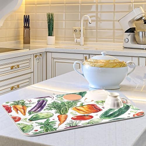 Scribble Vegetable Pattern Dish Drying Mat, Absorbent Heat Resistant, 16 x 18 inch Dish Drainer for Kitchen Countertop, Dining Table