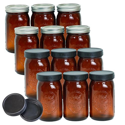 Jumterlee 12 Pack 32 oz Amber Mason Jars, Wide Mouth Mason Jars with Lids and Bands and 12 Black Plastic Mason Jar Lids, Canning Jars Used for Canning, Pickling, Juice, Jam, Jelly