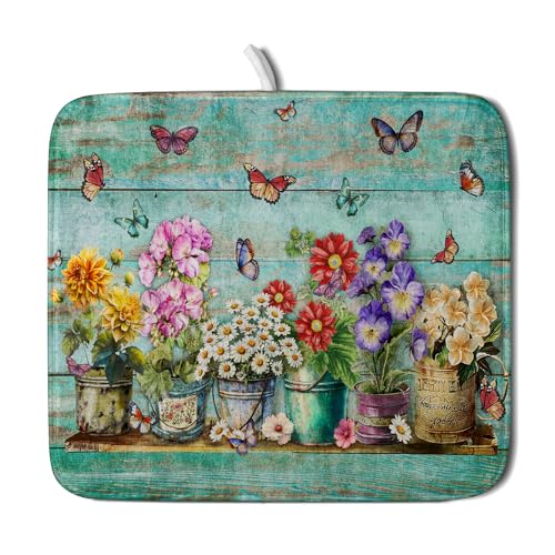 Flower Dish Drying Mat for Kitchen Counter 16x18 Inch Rustic Vintage Microfiber Absorbent Dishes Drainer Mats - color: Green Flowers Jars, size: 18" x 16"