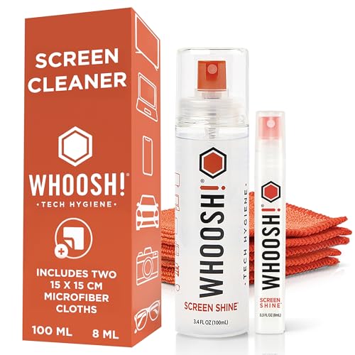 WHOOSH! Screen Shine Duo - Screen Cleaner Spray for iPad, Monitor, Laptop, MacBook - 3.4 oz & 0.3 oz Bottles with 2 Microfiber Cloths - Portable Electronic Cleaning Kit for Travel, Office, and Home - size: 3.7 Fl Oz (Pack of 1)