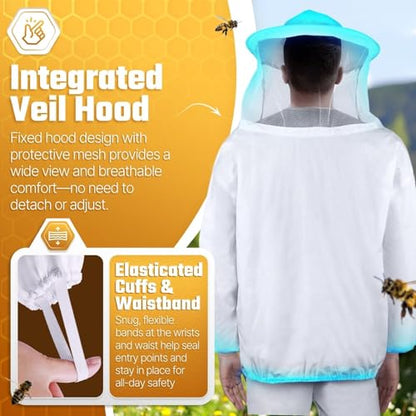 Flexzion Bee Jacket with Veil - Beekeeper Jacket for Men and Women, Lightweight Ventilated Pullover Beekeeping Smock, Sting Proof Protective Upper Body Suit, White Adult Extra Large - size: Adults Large