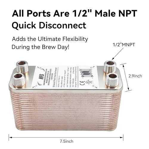 HFS(R) 40-Plate Stainless Steel 304 Homebrew Beer Wort Chiller Heat Exchanger, 7.5" x 2.9", 1/2" x 1/2" MALE NPT, Quick Beer Cooling System (7.5" 2.9"/40 plate, 1/2" x 1/2" NPT) - size: 7.5'' 2.9''/40 plate, 1/2" x 1/2" NPT