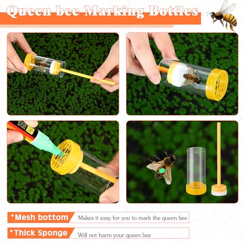 Qualirey 15 Pcs Queen Bee Marking Kit with 8 Pens 2 Bottles and 5 Plastic Cage Clips for Queen Bee Marking Beekeepers, Beekeeping Supplies (Yellow)