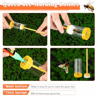 Qualirey 15 Pcs Queen Bee Marking Kit with 8 Pens 2 Bottles and 5 Plastic Cage Clips for Queen Bee Marking Beekeepers, Beekeeping Supplies (Yellow)