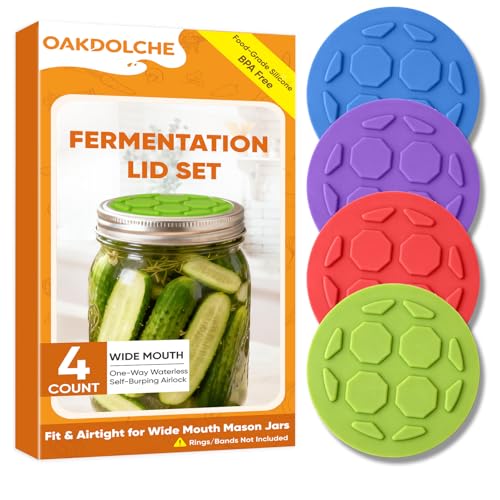 4PCS Silicone Fermentation Lids for Wide Mouth Mason Jars | One-Way Airlock Valve, Self-Burping for Sauerkraut, Sourdough Starter & Probiotics (Patented) - size: 4 PCS