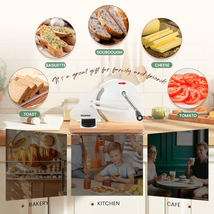 Huanyu Manual Bread Slicer Upgrade Foldable Sourdough Cutter Versatile Hand Crank Stainless Steel Blade Adjustable Thickness with Scale Line & Suction Cup for Homemade & Commercial Use White