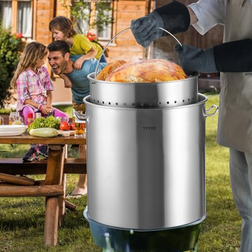 VEVOR Stainless Steel Stockpot, 100 Quart Large Cooking Pots, Cookware Sauce Pot with Basket, Lid, and Handle, Heavy Duty Commercial Grade Stock Pot, Sanding Treatment, for Large Groups Events Silver - size: 100 Quarts