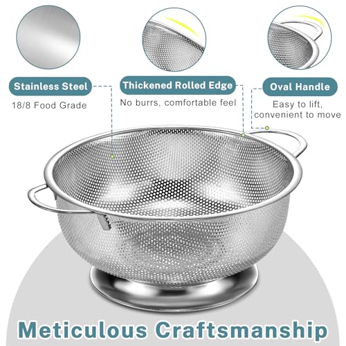 Pleafind Colander for Kitchen - 5 QT & 3 QT Stainless Steel Strainer with Handle, Kitchen Strainer Colanders Bowl for Pasta, Noodles, Spaghetti, Vegetables and Fruits, Rust-Resistant & Dishwasher Safe