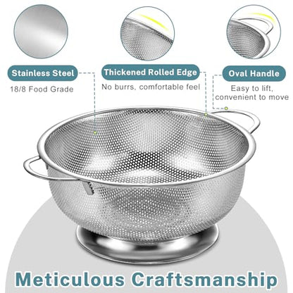 Pleafind Colander for Kitchen - 5 QT & 3 QT Stainless Steel Strainer with Handle, Kitchen Strainer Colanders Bowl for Pasta, Noodles, Spaghetti, Vegetables and Fruits, Rust-Resistant & Dishwasher Safe