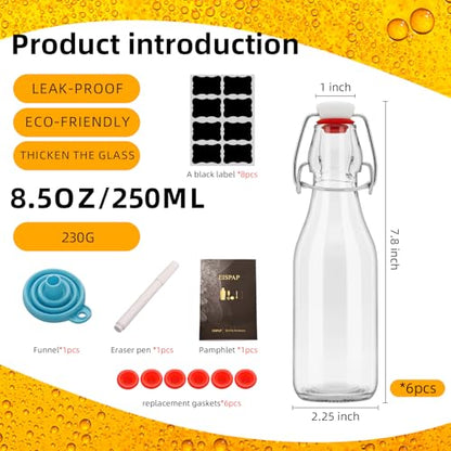 6 Pack Swing Top Glass Bottles 8.5 oz,Flip Top Beer Brewing Bottles for Kombucha, Homemade, Kefir, Water, Beverages, Soda, Oil, Vinegar, Fermentation,Limoncello
