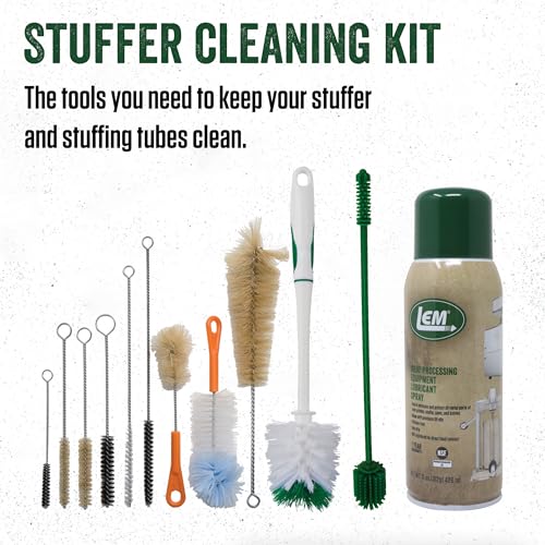 LEM Products Stuffer Cleaning Kit, Includes 10 Brushes, Dual-End Silicone Brush, and 11 Oz. Food-Grade Lubricant Spray
