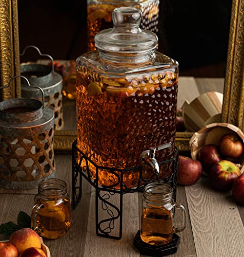 2.5 Gallon Glass Beverage Dispenser with Stainless Steel Spigot, Metal Stand, and Drip Tray – Mason Jar Style Drink Dispenser for Parties, Iced Tea, Water, Lemonade, and More