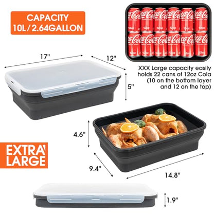 Silicone Collapsible Marinating Container with Lid for Meat, 2.64Gal/10L, Extra Large Collapsible BBQ Prep Tub, Transparent Locking Lid, XL Grill Prep Trays and Carry System, BBQ Must-Have, Black - color: Black | 1 Pack | 2.64 Gal