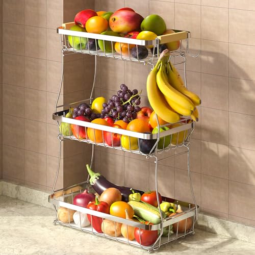 Sevenblue 3-Tier Fruit Basket with Banana Hangers, Detachable Metal Bowl | Wooden handle, protective mats included. Versatile holder for bread, snacks, and veggies. Large 3 tier metal design. - color: Silver, size: 3 Tier