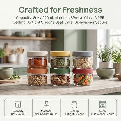 EONJOE 8 oz Small Glass Containers with Lids, Food Storage Jars, 6pk | Perfect for Chia Pudding Jam Snacks Yogurt Overnight Oats Candy ,Dishwasher safe,Airtight - size: 8oz