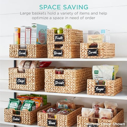 Best Choice Products 40.6 x 30.5cm(16 x 12인치) 대형 부레옥잠 식료품 저장실 바구니 4개 세트, 칠판 라벨이 있는 우븐 오거나이저, 초크 마커 - 화이트 - color: 화이트., size: 12x16x5in