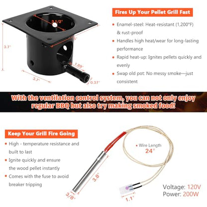 Upgraded Fire Burn Pot and Hot Rod Ignitor Kit Replacement Parts for Traeger, Pit Boss & Camp Chef Pellet Grill Smoker, Durable Fire Burner Pot with Ash Remover, Screws & Fuse, Enamel Fire Pot - size: Fire Burn Pot + Ignitor