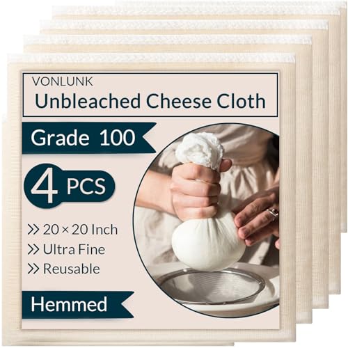 4-Pack Cheesecloth, 20x20 Inch Hemmed Cheese Cloth for Straining, Reusable Unbleached Cotton Strainer for Cooking, Baking, Juicing, and Cheese Making (Grade 100) - size: 4 Pack