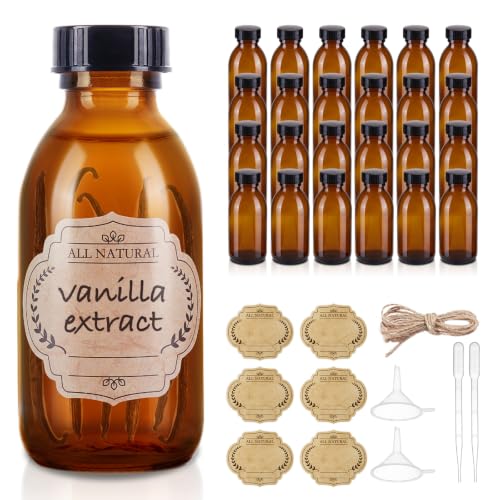 24 Pack 4 OZ Glass Bottles with Lids, Amber Glass Bottles for Homemade Vanilla Extract, Essential Oils, Juice, Potion, Syrup, Liquids, Christmas Gift - color: Amber, size: 24 Pack