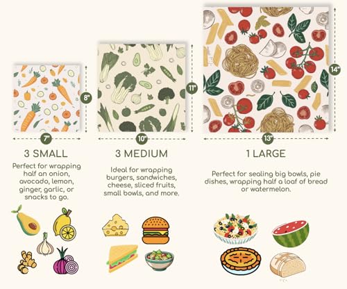 Truebee Reusable Beeswax Food Wraps 7-Pack Italia – Non Toxic, Plastic Free, Silicone Free, Sustainable, Environmentally Friendly, Organic Cotton Beeswax Wraps (S, M, L) - color: 7 Pack - Italia