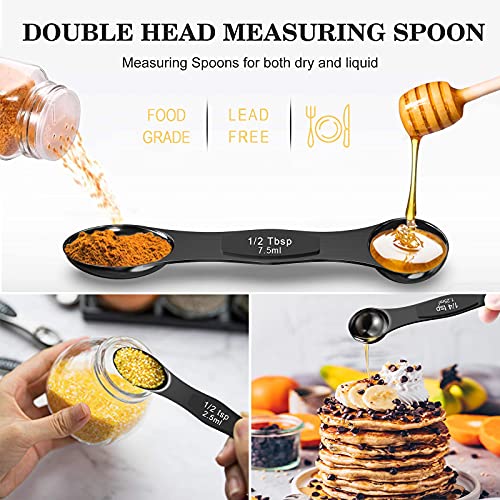 Wildone 21 Piece Black Measuring Cups & Spoons, Includes 7 Stainless Steel Measuring Cups, 8 Double Sided Measuring Spoons, 1 Leveler & 5 Mini Spoons - color: Black