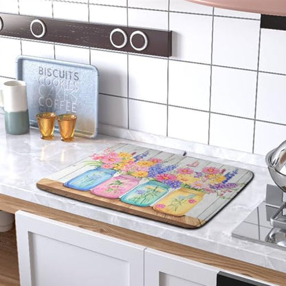 Daisy Dish Drying Mat for Kitchen Counter Spring Summer Flowers Vases Dishes Pad Microfiber Absorbent Dish Draining Mats Rustic Farmhouse Floral Wooden Board Dish Drainer Rack Mat 16x18 Inch - size: 16" x 18"