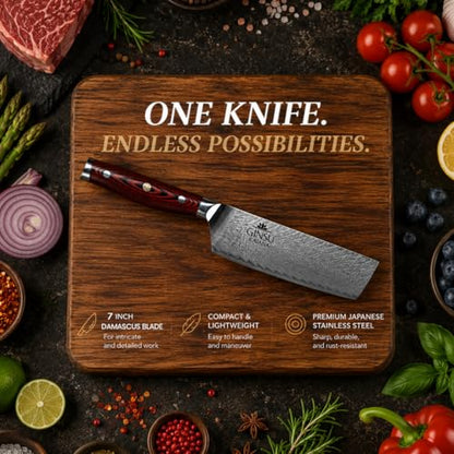 7" Cleaver - Stainless Steel AUS 10 Damascus - Heritage Collection - Authentic Japanese Performance in Your Kitchen