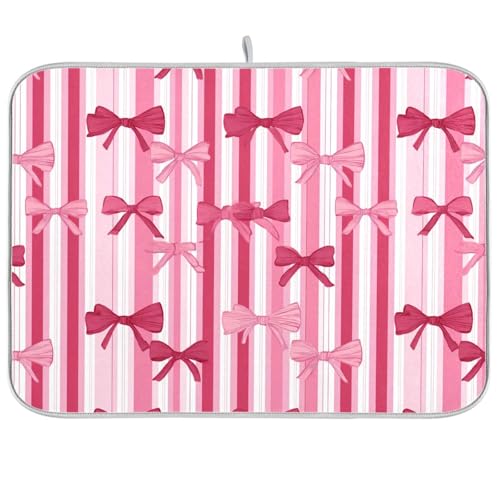 Dish Drying Mat for Kitchen Counter Pink Stripe Bows Pink Ribbon Rose Red Absorbent Drying Dish Mat 16×18 inch Dish Rack Pad Coffee Mat for Sink Dishes Under Rack - color: multicolored.24, size: 16x18in