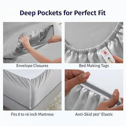 California Design Den Certified 100% Egyptian Cotton Sheets Queen Size Bed Set - Queen Sheet Set Percale with Deep Pockets, Lightweight, Crisp, Durable Luxury Bedding - Light Grey - color: Light Grey, size: Queen