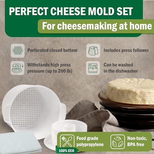 Cheese Mold for Cheese Making with Follower Piston 1/2 gal - Cheesemaking Supplies - Cheese Form Mold - Cheese Making Basket - Cotton Cloth For Straining - Molde Para Queso Casero