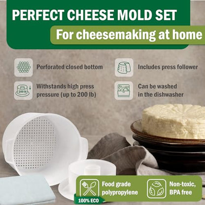 Cheese Mold for Cheese Making with Follower Piston 1/2 gal - Cheesemaking Supplies - Cheese Form Mold - Cheese Making Basket - Cotton Cloth For Straining - Molde Para Queso Casero